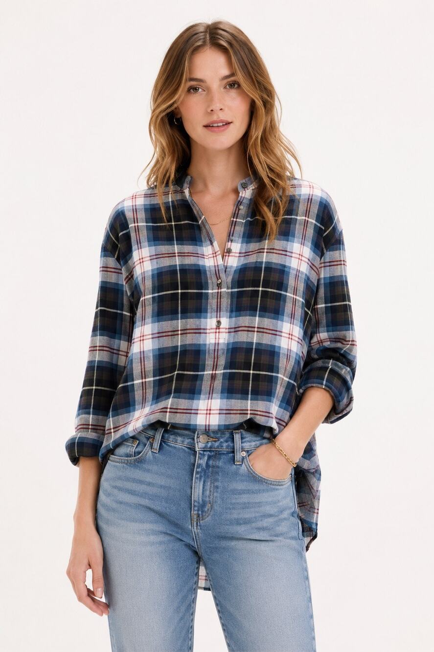 Madewell Wheaton Plaid Popover Top Women’s Medium Blue Red Collared Blouse